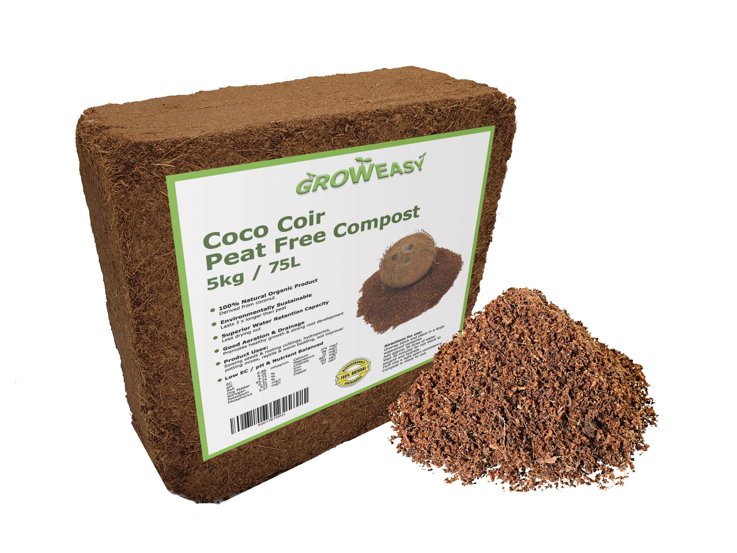 Coco Coir Block 5Kg / 75L Compressed peat free soil ePots